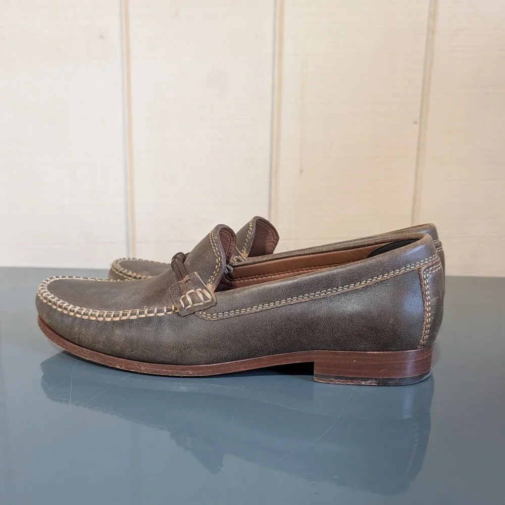 Trask Mens Brown Leather Hand Sewn Moc Toe  Leather Bit Loafers  10M